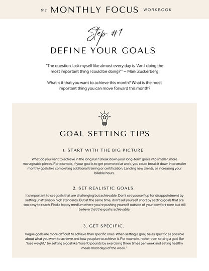 The Monthly Focus Workbook - A Step-by-Step Guide to Achieving Your Goals